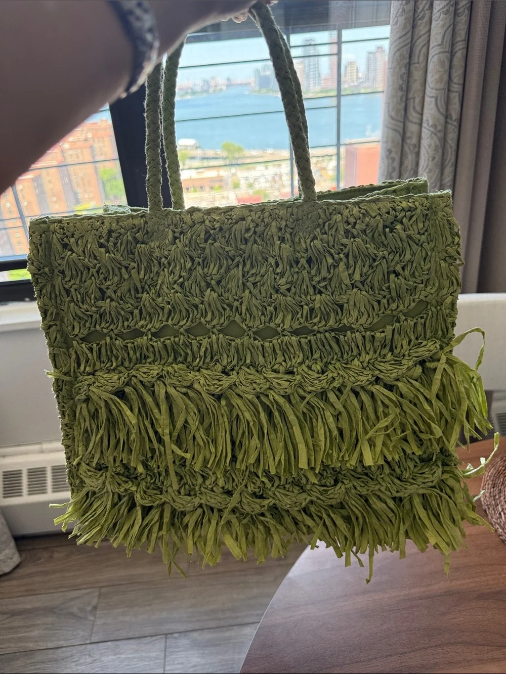 Olive Green Woven Fringe Tote Bag - Women